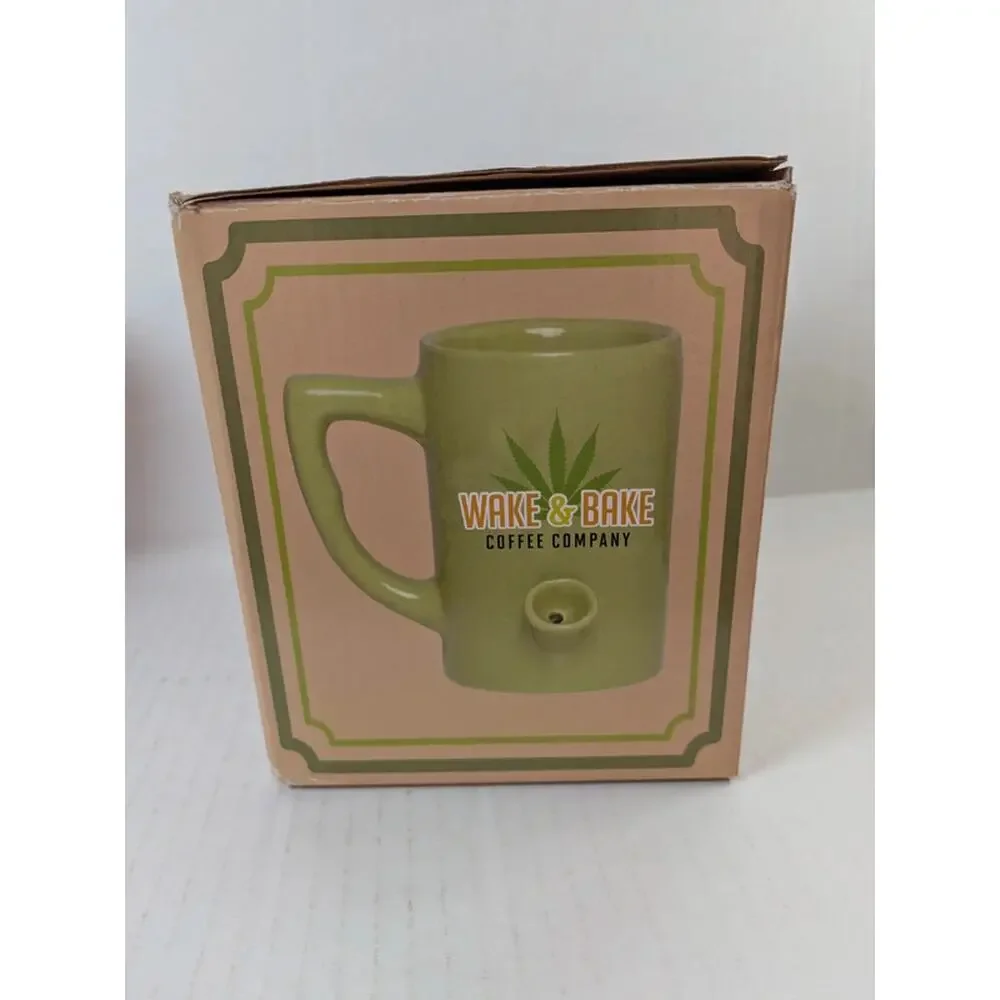 Wake & Bake Coffee Co Mug Pipe Green Ceramic 10oz Coffee Cup NEW Box